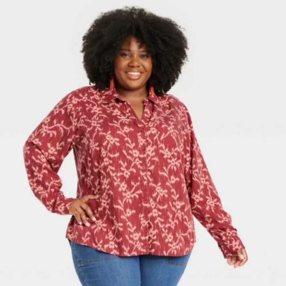 Knox Rose Women's Plus Size Button-Down Shirt Light Red - XXL